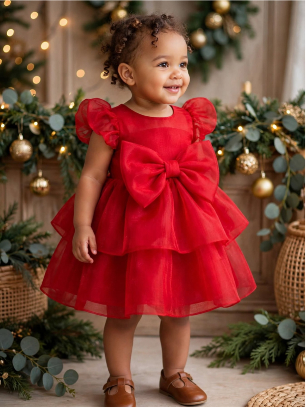 Bonnie Baby Red Organza Bow 2-Tier Dress - Size 18M